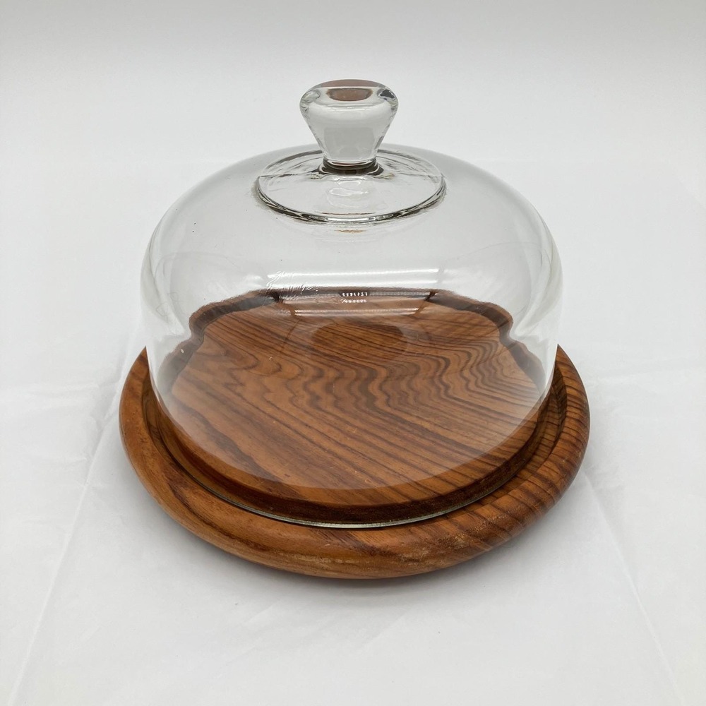 Gailstyn-Sutton Cheese Dome Vintage Teak Wood Glass Cloche Brown Mid Century